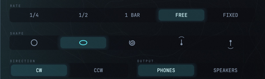 The RATE, SHAPE, DIRECTION and OUTPUT selectors
