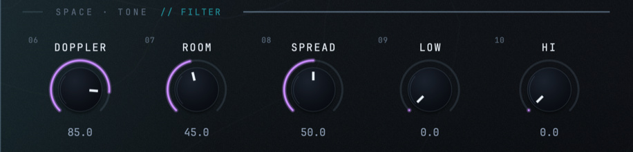 The Space and tone row: Doppler, Room, Spread, Low and Hi