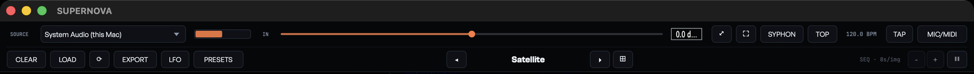 The three top bars of the app: title bar, source and level, and the media and world controls