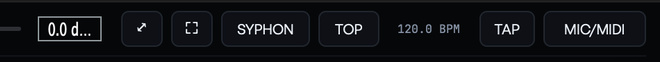 The Syphon, fullscreen, always-on-top, BPM, TAP and MIC/MIDI buttons of the app
