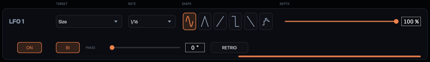 An LFO card: ON, target, rate, shape and depth on the top row; BI/UNI, phase and retrig below