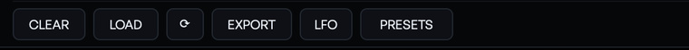 The CLEAR, LOAD, randomise, EXPORT, LFO and PRESETS buttons