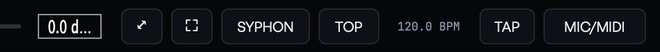 The Syphon, fullscreen, always-on-top, BPM, TAP and MIC/MIDI buttons