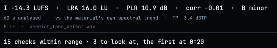 VERDICT's header — integrated loudness, LRA, PLR, correlation, key and what it compared against — and the headline: 15 checks within range · 3 to look at, the first at 0:20