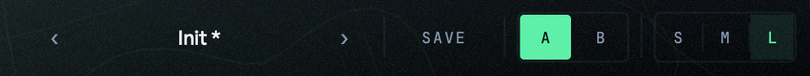 The right end of the header: the preset name, SAVE, A and B, and the S, M and L size buttons