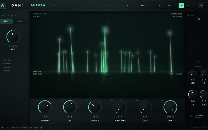 AURORA's interface: the spectrum unfurled as lines across the field, and the spread, tilt and motion knobs.