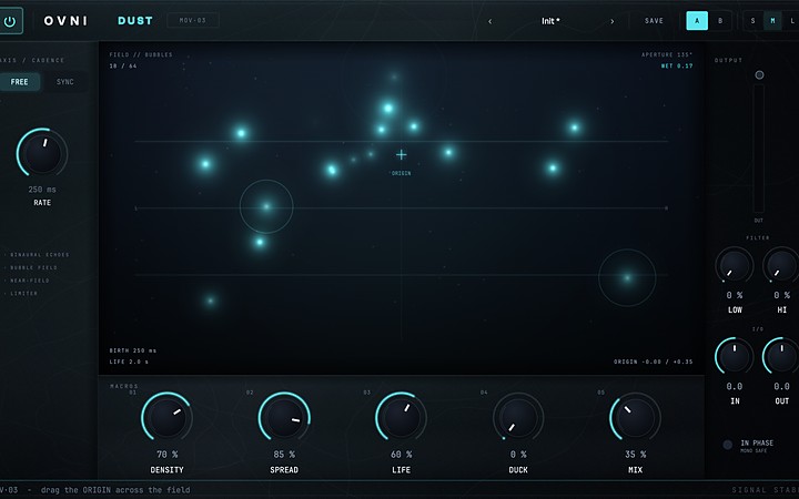 DUST's interface: the field with echo bubbles around the origin, and the macro knobs.