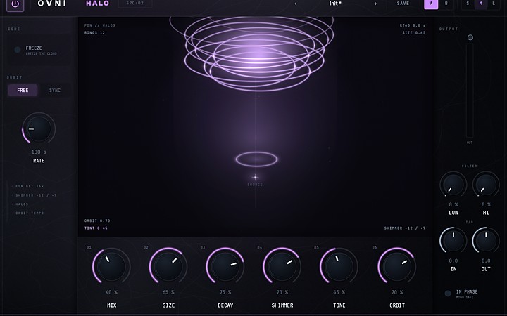 HALO's interface: the rings of the halo over the source, and the shimmer and orbit knobs.