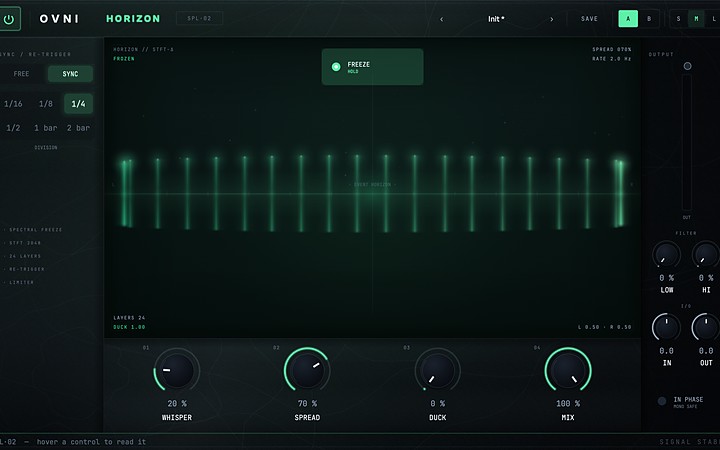 HORIZON's interface: the frozen spectrum as green bars, the FREEZE latch and the knobs.