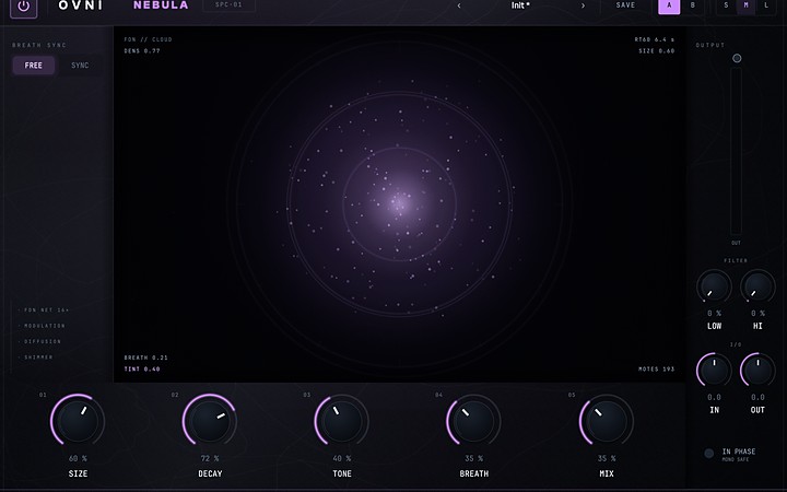 NEBULA's interface: the particle cloud and the size, decay, tone, breath and mix knobs.