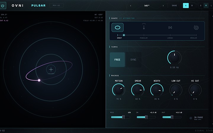 PULSAR's interface: the StellarPad with an orbit, the attractor selector and the macro knobs.