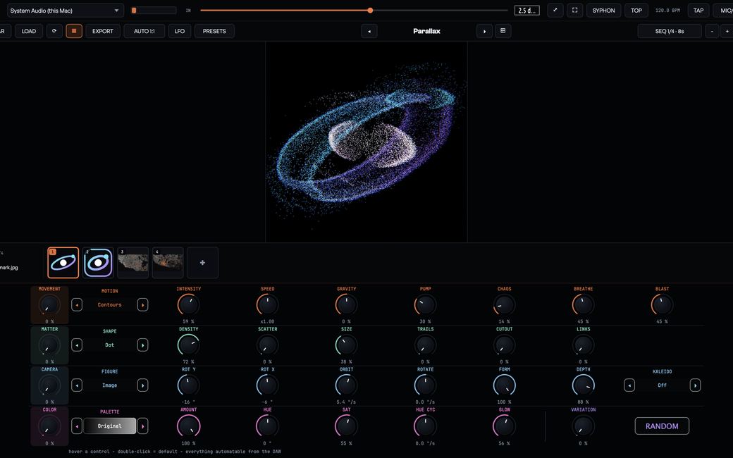 SUPERNOVA's interface: a particle galaxy in the viewer, the media strip and the four control domains.